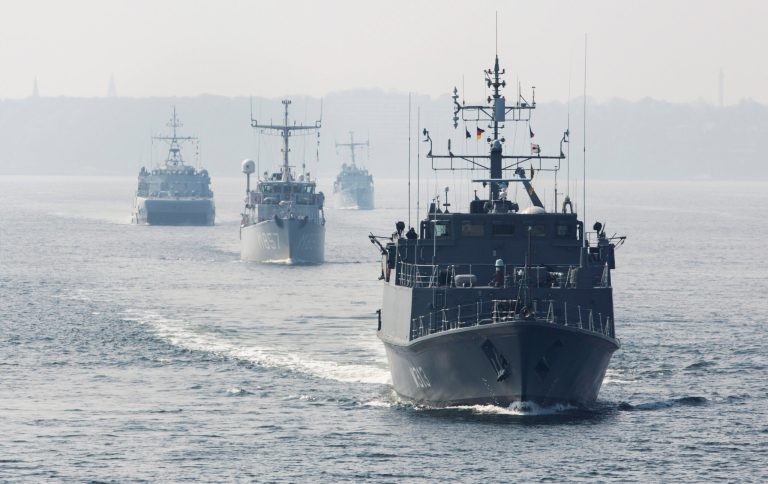 The warships of the standing NATO Mine Counter-Measures Group ONE with from front to back Estonian minehunter Admiral Cowen, Dutch minehunter Makkum, Norwegian minesweeper Otra and Belgian minehunter Belis set sail from Kiel, Germany, Tuesday, April 22, 2014. The group is one of NATOâs four standing Maritime Forces and deploys to the Baltic Sea to enhance maritime security and readiness in the region. The maritime Group was reactivated by a North Atlantic Council decision to enhance collective defense and assurance measures in response to the crisis in Ukraine. (AP Photo/Gero Breloer)