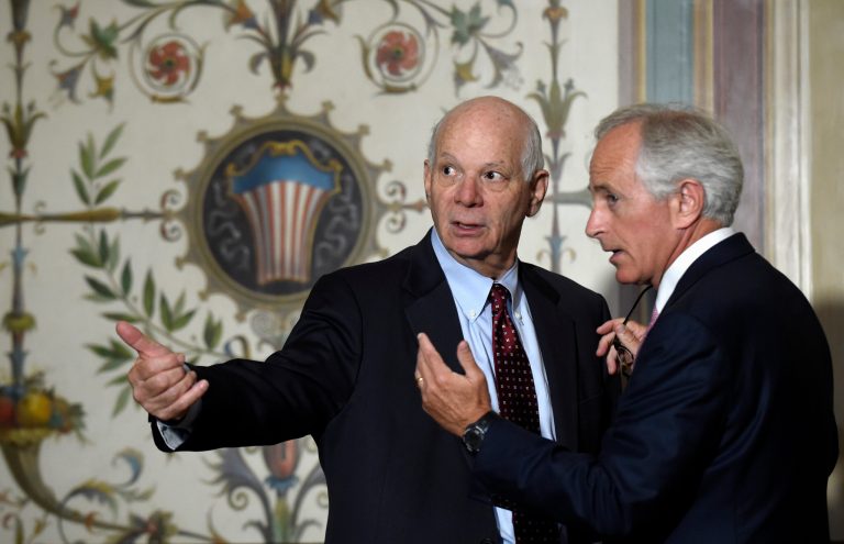 Senate Foreign Relations Committee Chairman Sen. Bob Corker, R-Tenn., speaks to reporter following a meeting with Vice President Joe Biden and other committee members on Capitol Hill in Washington, Thursday, July 16, 2015. (AP Photo/Susan Walsh)