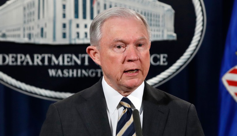 Attorney General Jeff Session, center, flanked by Health and Human Services Secretary Tom Price, left, and Acting FBI Director Andrew McCabe, speaks during a news conference about opioid addiction, Thursday, July 13, 2017, at the Justice Department in Washington. (AP Photo/Jacquelyn Martin)