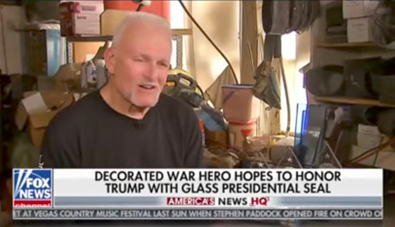Fox News aired a segment on Oct. 8 featuring John Garofalo, during which the Navy veteran showed off a glass and bronze presidential seal he made for President Trump. Garofalo later admitted he lied when he said he was a Navy SEAL who served in Vietnam and was awarded two Purple Hearts. (screenshot)