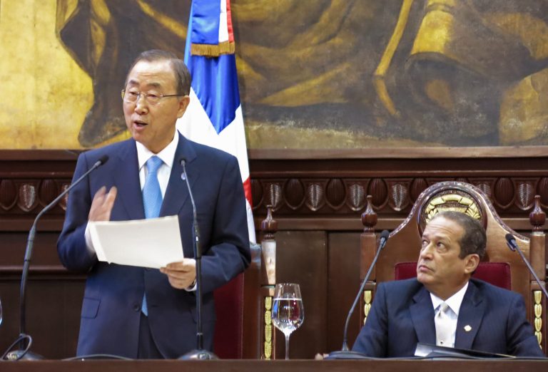U.N. Secretary General Ban Ki-moon addresses Congress as Senate President Reinaldo Pared looks on in Santo Domingo, Dominican Republic, Wednesday, July 16, 2014. Ban asked legislators to work toward preventing Dominicans of Haitian descent from being denied Dominican citizenship. (AP Photo/Ezequiel Abiu Lopez)