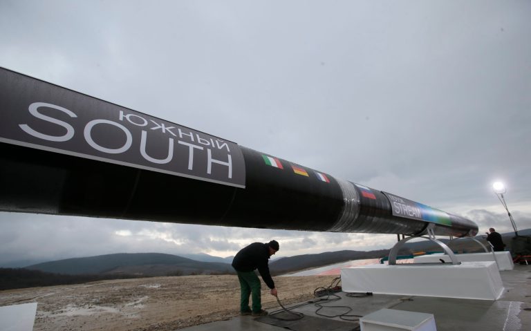   A worker does the preparation work for welding the first section of the South Stream pipeline in Anapa, Russia, Friday, Dec. 7, 2012. Russian energy giant Gazprom is due to launch on Friday the construction of the pipeline which is expected to be delivering up to 63 billion cubic meters of Russian gas to Europe annually, starting in 2015. (AP Photo/Mikhail Metzel)  