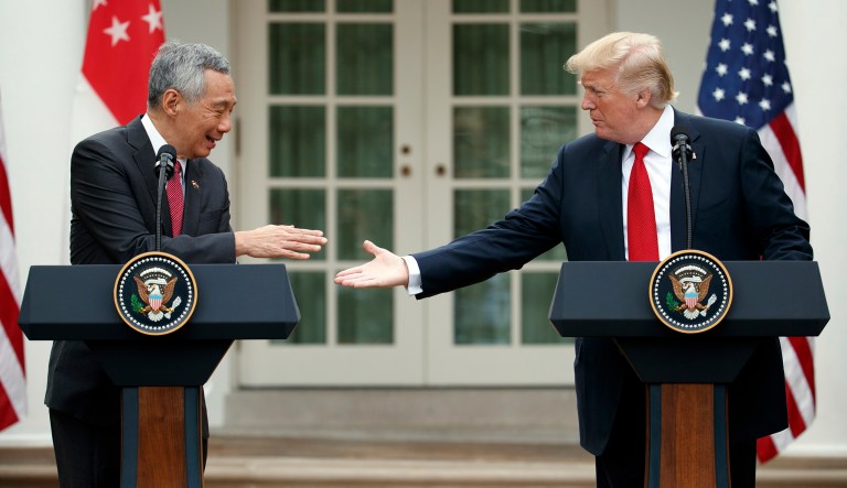 President Trump addressed the press with Singapore's Prime Minister Lee Hsien Loong during a joint statement in the Rose Garden. 