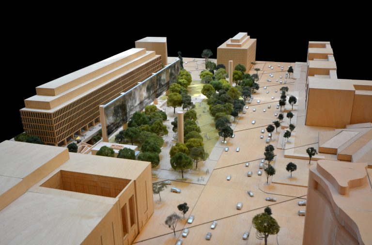 This undated handout image provided by Gehry Partners, LLP shows an aerial perspective of Eisenhower Square looking along Maryland Avenue, SW and Independence Avenue in Washington. The long-delayed effort to build a memorial honoring President Dwight D. Eisenhower near the National Mall has won a key approval, despite ongoing objections to architect Frank Gehry's design. A federal agency that oversees national capital planning approved the preliminary building plans Thursday. The National Capital Planning Commission debated the design and voted 9-1 to approve the concept. (AP Photo/Gehry Partners, LLP)
