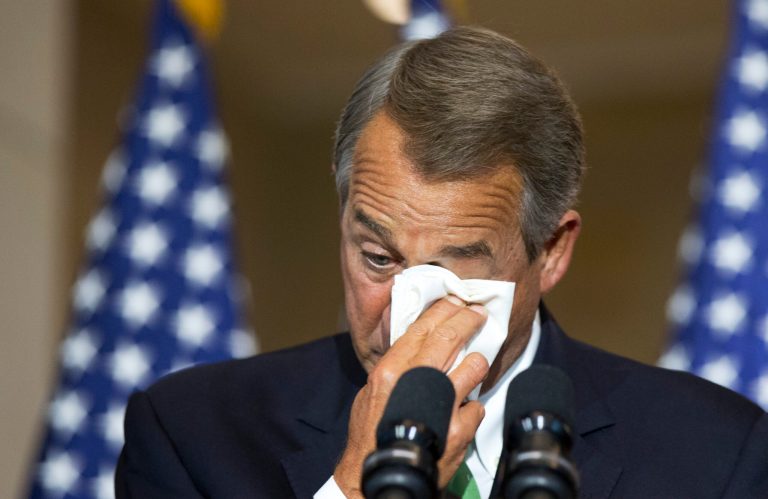 House Speaker John Boehner wipes away his tears, as he delivers his remarks during a ceremony on Capitol Hill. (AP Photo/Manuel Balce Ceneta)