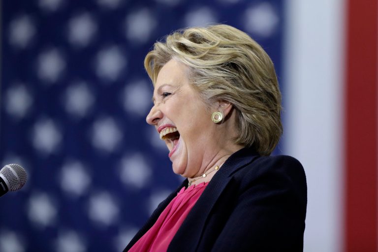 Democratic presidential candidate Hillary Clinton laughs during a campaign stop at Wake Technical Community College in Raleigh, N.C., Tuesday, Sept. 27, 2016. (AP Photo/Matt Rourke)
