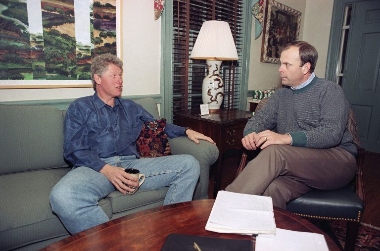 President-elect Bill Clinton, left, talks with White House Chief of Staff-designate Thomas F. 