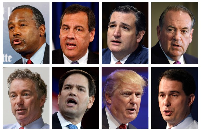 From top left, shows Republican presidential candidates Ben Carson, Chris Christie, Ted Cruz, Mike Huckabee and from bottom left, Rand Paul, Marco Rubio, Donald Trump and Scott Walker. The candidates are scheduled to participate in a Fox News Channel Republican presidential debate on Thursday. (AP Photos/File)