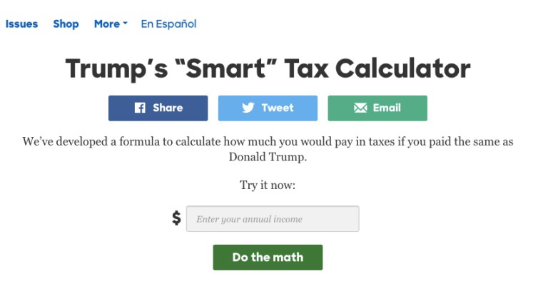 Hillary Clinton's campaign unveiled an online tool to troll Donald Trump over reports that he could have paid no federal income taxes for much of the last two decades. (Screenshot)