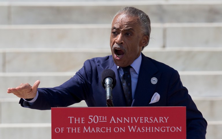 Rev. Al Sharpton speaks during an event to commemorate the 50th anniversary of the 1963 March on Washington at the Lincoln Memorial, Saturday, Aug. 24, in Washington. (AP/Carolyn Kaster)