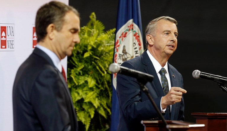 Gillespie's monuments TV spots are still running. (AP Photo/Steve Helber)