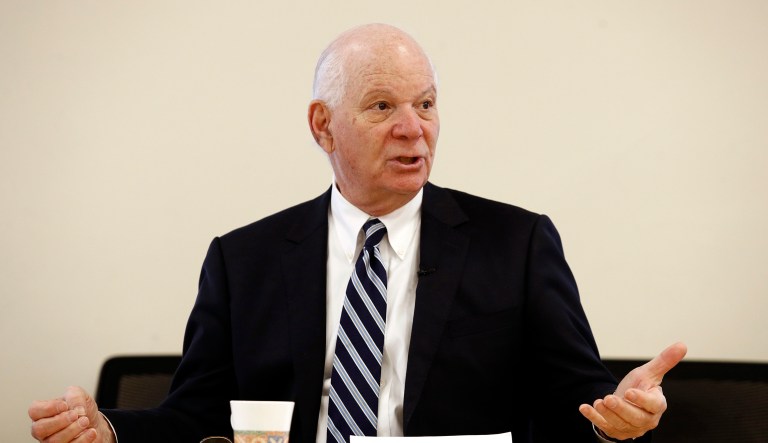 Sen. Ben Cardin, D-Md. poses for a photo after speaking with members of the Downtown Partnership of Baltimore in Baltimore, Tuesday, Jan. 16, 2018.