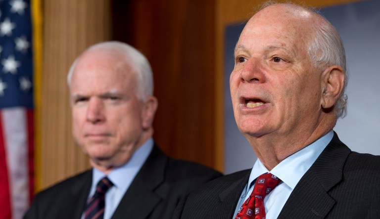 Sen. Ben Cardin, D-Md., right, speaks about the Sergei Magnitsky Rule of Law Accountability Act, with Sen. John McCain, R-Ariz., during a media availability on Capitol Hill in Washington, Thursday, Dec. 6, 2012.