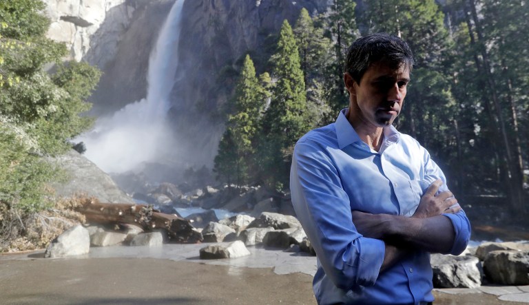 Democratic presidential candidate and former Texas congressman Beto O'Rourke listens to environmental advocates Monday, April 29, 2019, in Yosemite National Park, Calif.