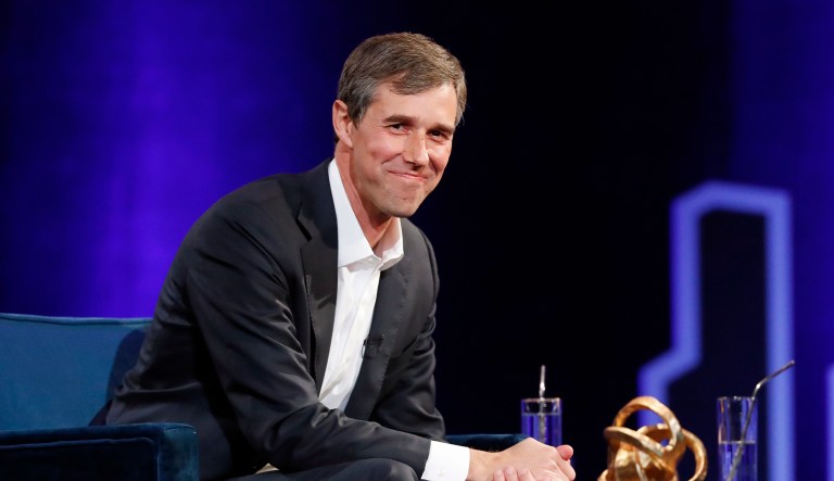 Former Democratic Texas congressman Beto O'Rourke smiles during an interview with Oprah Winfrey live on a Times Square stage at "SuperSoul Conversations," Tuesday, Feb. 5, 2019, in New York.