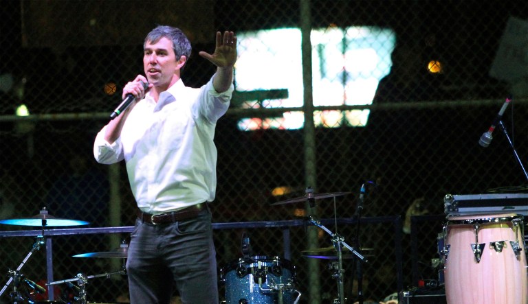 Former Democratic Rep. Beto O'Rourke speaks to a crowd inside a ball park across the street from where President Donald Trump was holding a rally inside the El Paso County Coliseum in El Paso, Texas, Monday, Feb. 11, 2019.