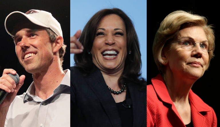 Beto O'Rourke, Kamala Harris, and Elizabeth Warren are shown.