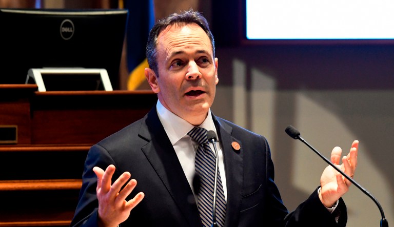 FILE - In this Jan. 16, 2018 file photo, Kentucky Gov. Matt Bevin speaks to a joint session of the General Assembly at the Capitol, in Frankfort.  In comments at odds with his home stateâs whiskey distillers, Bevin is downplaying fears that the European Union's retaliatory tariffs could disrupt the booming market for the Bluegrass stateâs iconic bourbon industry. âThereâs always the potential for some type of impact, but I donât think it will be a tremendous impact,â Bevin said when asked about tariffs during a TV interview this week with Bloomberg.