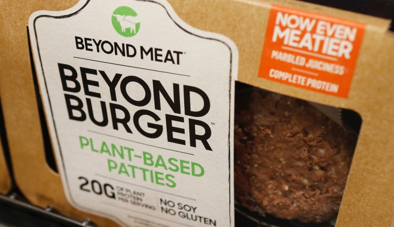 FILE - In this June 27, 2019, file photo a meatless burger patty called Beyond Burger made by Beyond Meat is displayed at a grocery store in Richmond, Va. Beyond Meat reports financial earns Monday, Oct. 28.