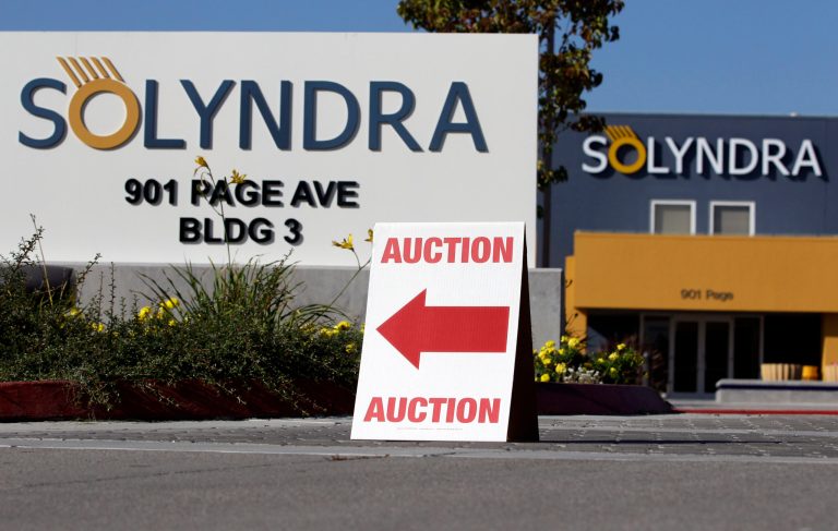 This Monday, Oct. 31, 2011 file photo shows an auction sign at the bankrupt Solyndra headquarters in Fremont, Calif. before an auction. (AP)