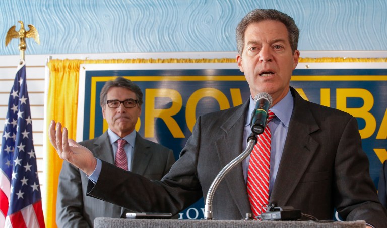 Kansas governor Sam Brownback received a vote of confidence in his controversial tax cut program Thursday as the Cato Institute gave him the top rating on its annual fiscal policy report card. (AP Photo)