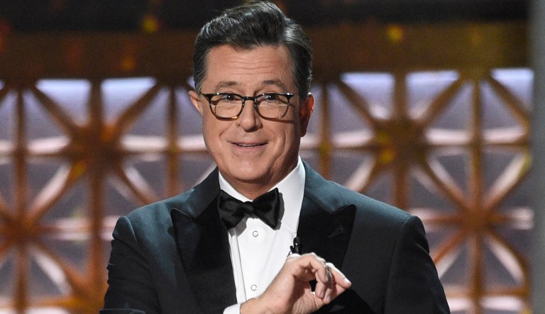 Colbert showed a clip of Trump where he praised South Korea for its strength, while also mentioning he won the election exactly one year ago. (Photo by Chris Pizzello/Invision/AP)