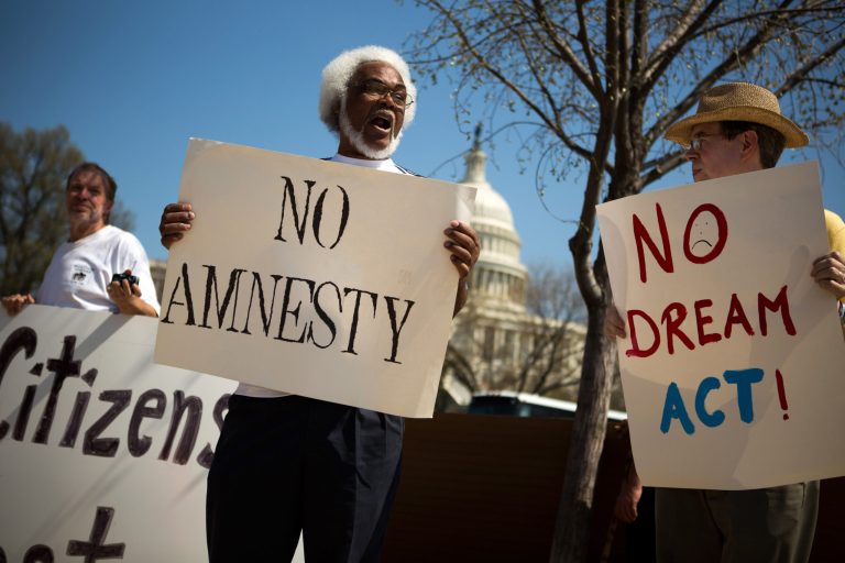 A handful of protesters from anti-amnesty groups, including New Yorkers for Immigration Control and Enforcement (NY ICE) and The Tea Party Immigration Coalition, to demonstrate in front of the U.S. Capitol building April 10, 2013 in Washington, DC. (Allison Shelley/Getty Images)