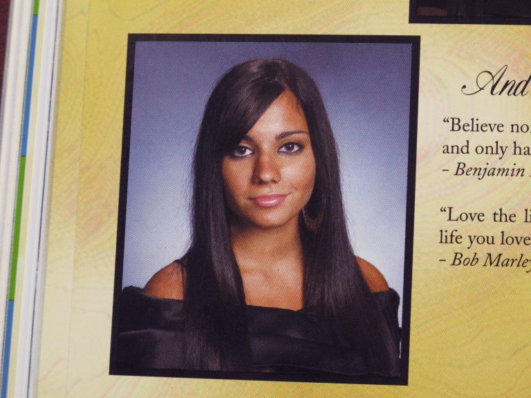 CORRECTS SPELLING OF LAST NAME -- In this photo copied from the 2010 Sleepy Hollow High School yearbook, high school student Andrea Rebello is shown. Police said Rebello, a junior at Hofstra University in Hempstead, N.Y., was shot and killed Friday, May 17, 2013, during a break-in near the college campus. (AP Photo/Sleepy Hollow High School)