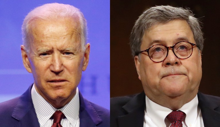 Pictured are Joe Biden and William Barr.