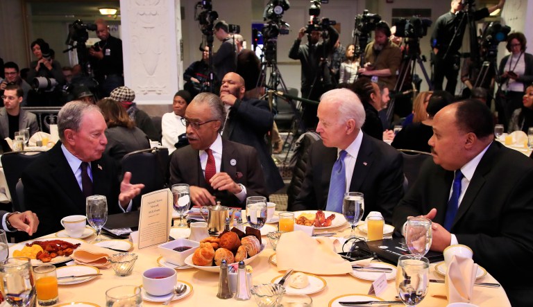 From left, former New York City Mayor Michael Bloomberg, Rev. Al Sharpton, former Vice President Joe Biden and Martin Luther King Jr III, are gathered during a commemoration of Martin Luther King Day in Washington, Monday, Jan. 21, 2019.