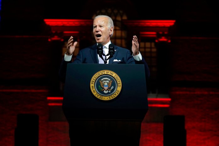 President Joe Biden speaks outside Independence Hall, Thursday, Sept. 1, 2022, in Philadelphia.
