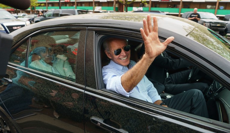 Democratic presidential candidate and former Vice President Joe Biden waves goodbye after stopping at Gianni's Pizza, in Wilmington Del., Thursday, April 25, 2019.
