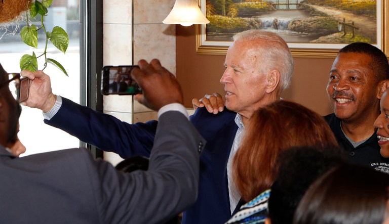 Democratic presidential candidate former Vice President Joe Biden takes a selfie during a campaign stop Thursday, Aug. 1, 2019, in Detroit.