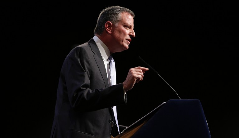 New York City Mayor Bill de Blasio speaks at Cooper Union in New York, Thursday, April 10, 2014.  