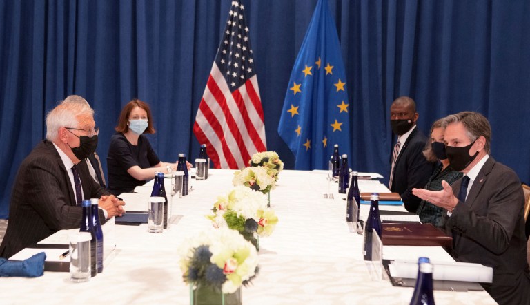 U.S> Secretary of State Antony Blinken, far right, meets with European Union foreign policy chief Josep Borrell, far left, on the sidelines of the 76th Session of the United Nations General Assembly, Wednesday, Sept. 22, 2021, in New York. (AP Photo/Jason DeCrow, Pool)