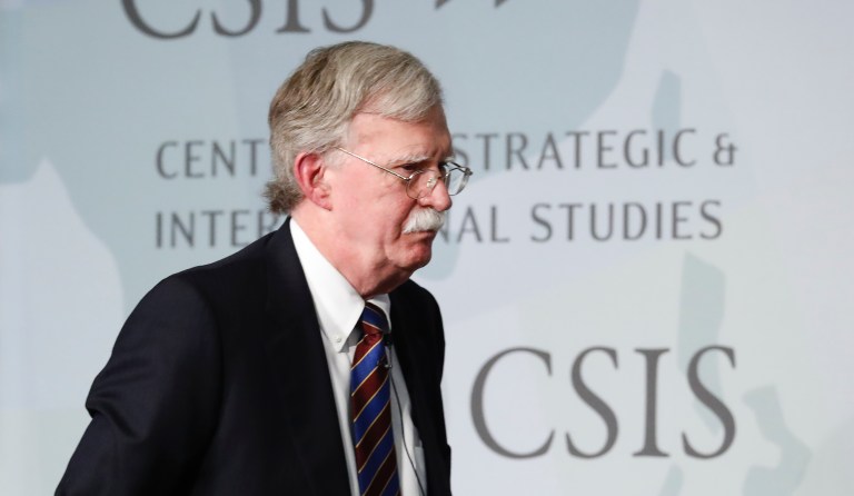 Former National security adviser John Bolton walks off stage after speakings at the Center for Strategic and International Studies in Washington, Monday, Sept. 30, 2019. 