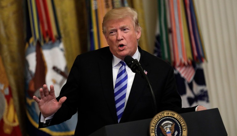 U.S. President Donald Trump delivers remarks during a reception commemorating the 35th anniversary of the attack on Beirut Barracks in the East Room of the White House in Washington, D.C., U.S., on Thursday, Oct. 25, 2018. Families of U.S. Marines killed in the 1983Â BeirutÂ bombings visited the White House on Thursday to mark the anniversary of the attack.