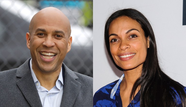 Pictured are Cory Booker, left, and Rosario Dawson, right.