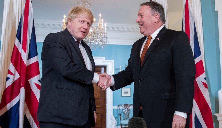 Secretary of State Mike Pompeo shakes hands with UK Foreign Secretary Boris Johnson at the State Department, Monday, May 7, 2018, in Washington.