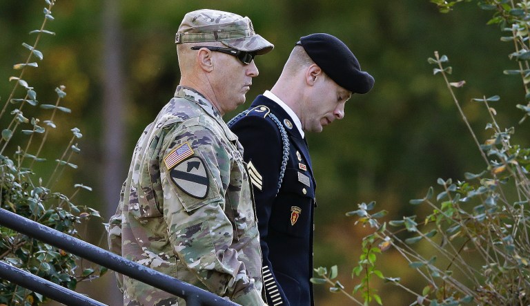 Army Sgt. Bowe Bergdahl, right, leaves the Fort Bragg courtroom facility as the judge deliberates during a sentencing hearing at Fort Bragg, N.C., Friday, Nov. 3, 2017. 