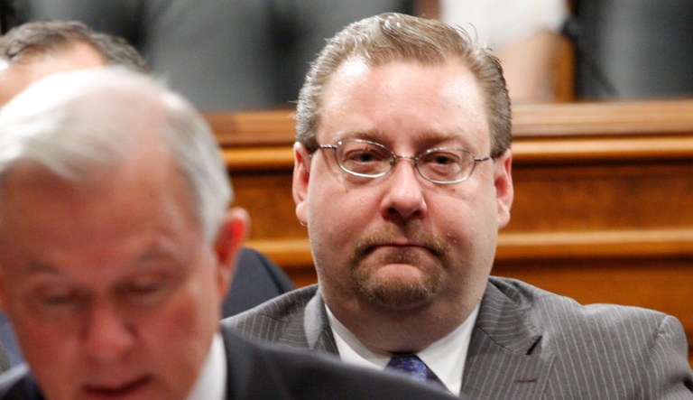 Brian Benczkowski, Republican Staff Director of the Senate Judiciary Committee, sits behind the committee's ranking Republican Sen. Jeff Sessions, R-Ala., during the committee's markup hearing on Capitol Hill in  Washington, Thursday, June 18, 2009.