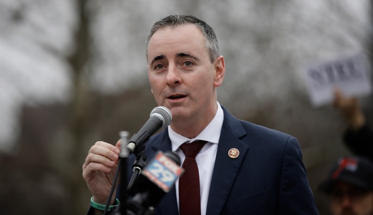 Rep. Brian Fitzpatrick, R-Pa., speaks during a demonstration against the partial government shutdown on Independence Mall in Philadelphia, Tuesday, Jan. 8, 2019.