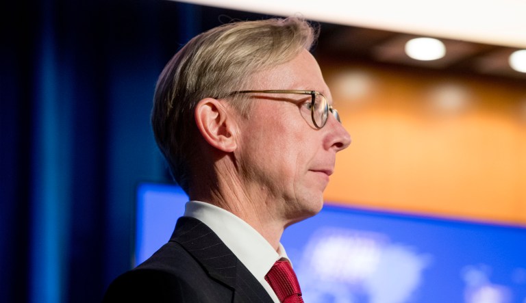 U.S. special representative on Iran Brian Hook appears on stage with Secretary of State Mike Pompeo as he speaks at a news conference at the State Department in Washington, Monday, Nov. 18, 2019. Pompeo spoke about Iran, Iraq, Israeli settlements in the West Bank, protests in Hong Kong, and Bolivia, among other topics.