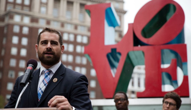 State Rep. Brian Sims, D-Philadelphia, accompanied by other officials, speaks at a protest calling on Pennsylvania to add sexual orientation to its hate crime law at John F. Kennedy Plaza, also known as Love Park, Thursday, Sept. 25, 2014, in Philadelphia. The renewed call for the legislation comes in response to the Sept. 11 beating of a gay couple.