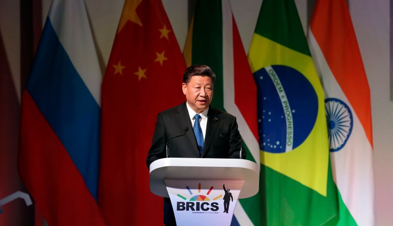 Chinese President Xi Jinping delivers his speech at the opening of the BRICS Summit in Johannesburg Wednesday, July 25 2017. The summit runs through Friday with various heads of BRICS attending.