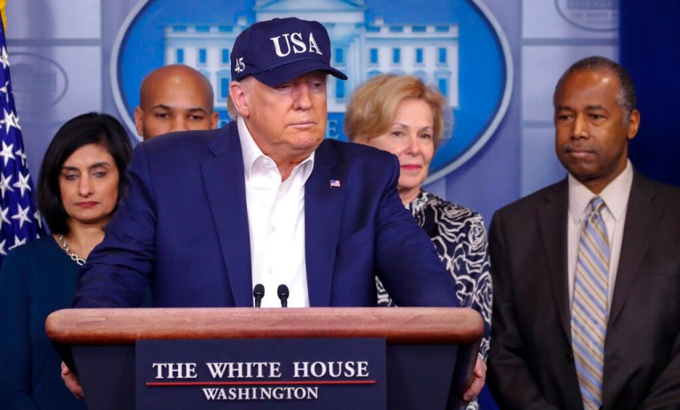 President Trump speaks during a briefing on the coronavirus in the White House.