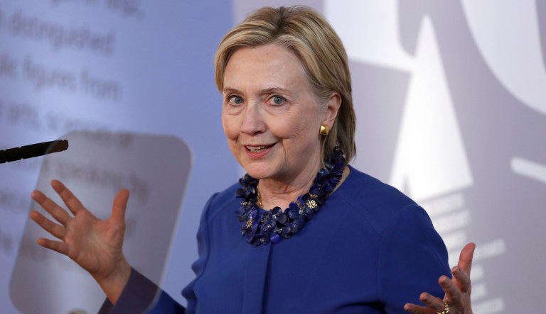 Hillary Clinton speaks at the Sheldonian Theatre in Oxford, England, on June 25, 2018.
