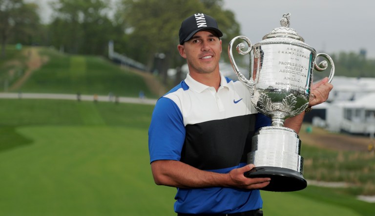Brooks Koepka poses with the Wanamaker Trophy after winning the PGA Championship golf tournament, Sunday, May 19, 2019, at Bethpage Black in Farmingdale, N.Y.