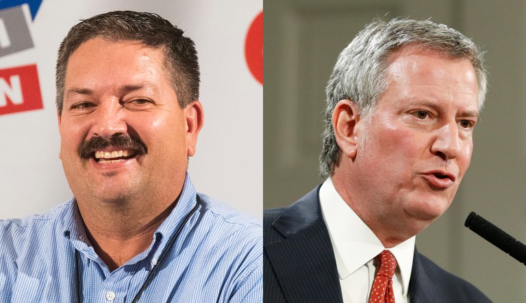 Wisconsin Democratic candidate Randy Bryce (left) and New York City Mayor Bill de Blasio (right) are shown.