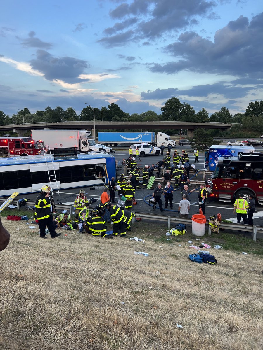 One dead and several injured after bus overturns on New Jersey Turnpike
